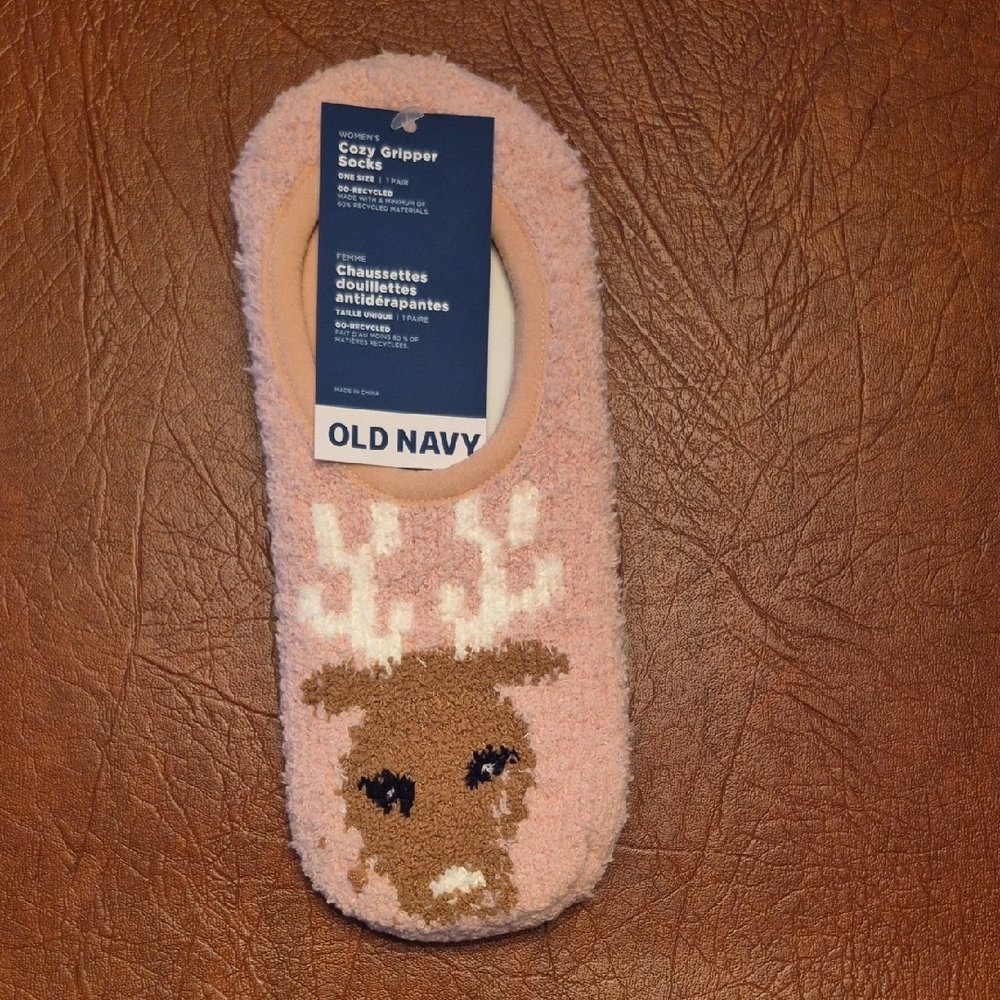 Old Navy Pink Cozy Gripper Socks with Reindeer! NWT!